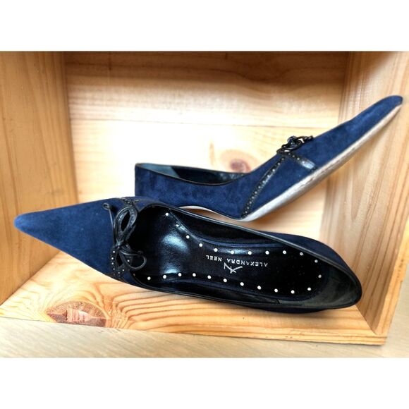 Alexandra Neel Royal Navy Blue Suede Leather Pointy Heels Size IT 38.5 = US 7.5 - Picture 6 of 12